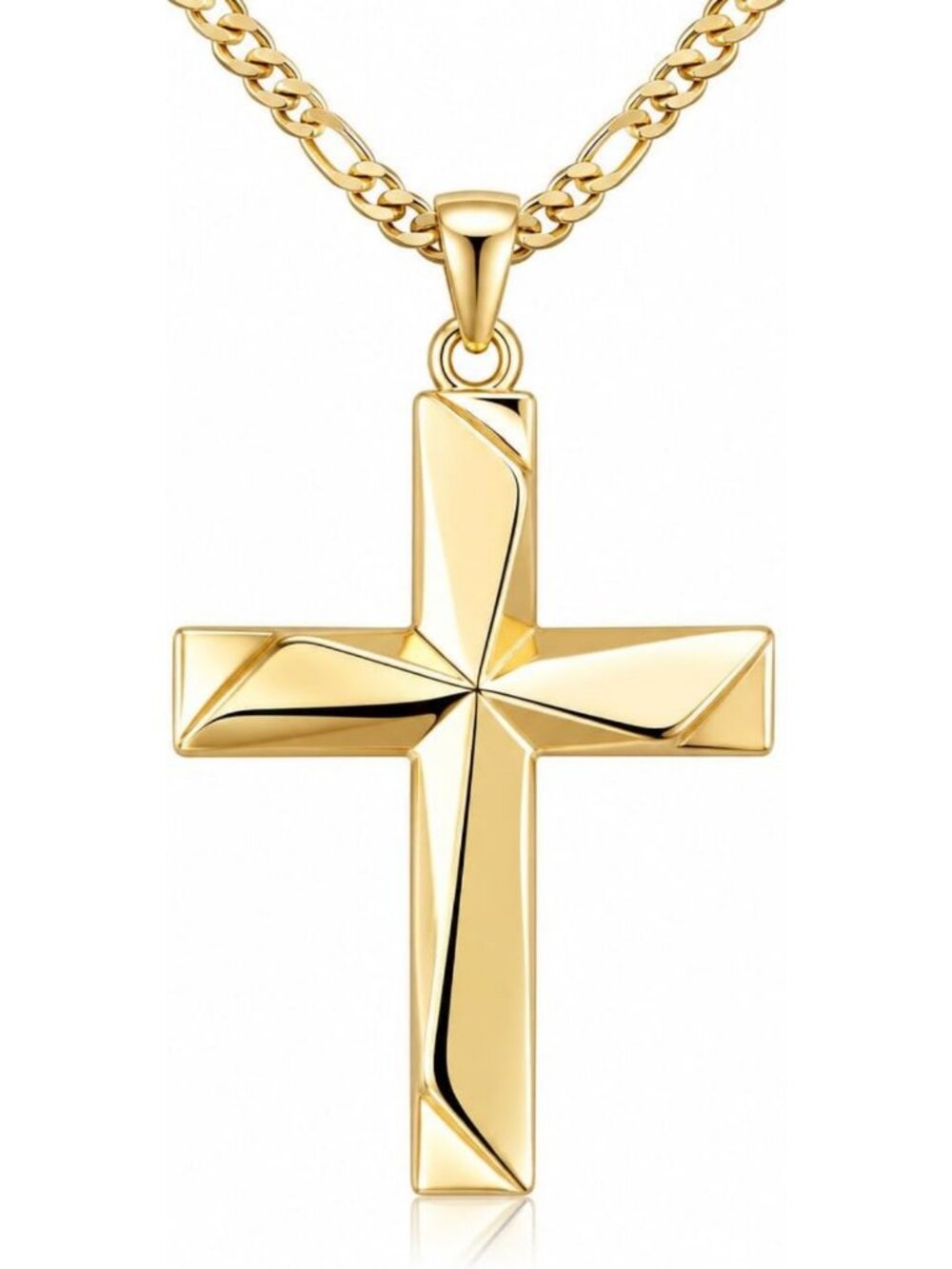 14K Gold Cross Pendant - 3D Faceted Charm, Hand-Polished, Fits 5mm Chains